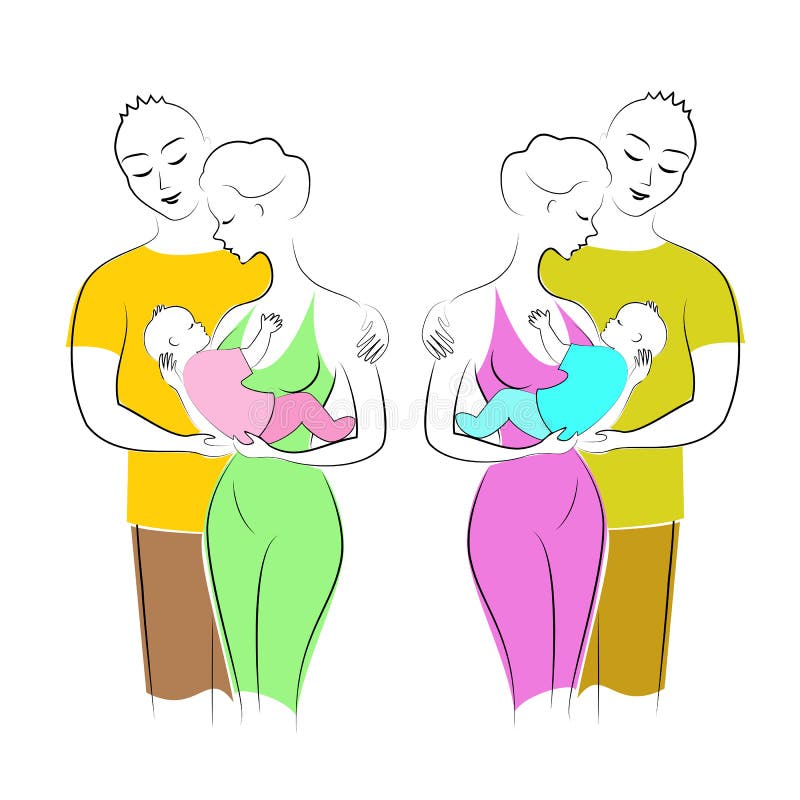 Le signore adorabili tengono un ragazzino e una ragazza nelle loro armi Gli uomini abbracciano le donne Padre, madre e bambino Du illustrazione vettoriale Le signore adorabili tengono un ragazzino e una ragazza nelle loro armi Gli uomini abbracciano le donne Padre, madre e bambino Du illustrazione vettoriale