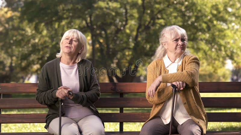 Le signore mature che si siedono esclusivamente sul banco in parco, amici hanno discusso e litigato fotografia stock Le signore mature che si siedono esclusivamente sul banco in parco, amici hanno discusso e litigato fotografia stock