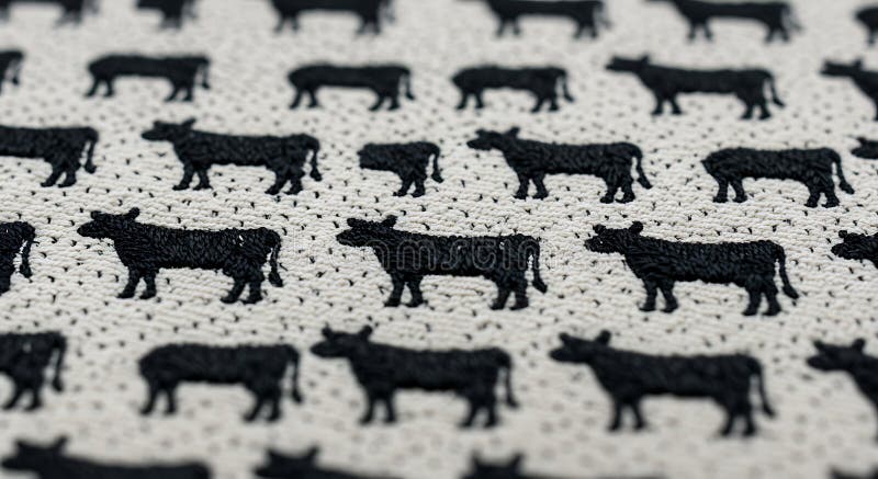 Le silhouette di mucca nera sono ricamate su un tessuto di beige leggero testurizzato che forma un illustrazione vettoriale