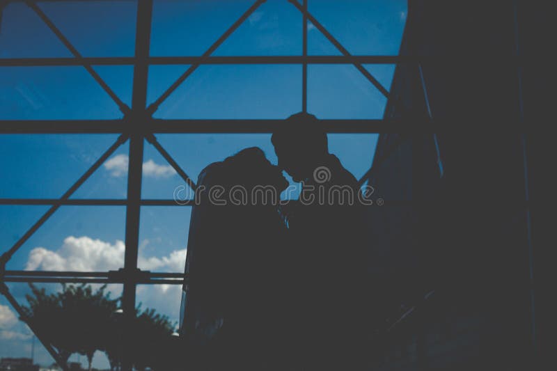Le siluette della sposa bionda felice splendida e dello sposo elegante abbracciano immagini stock Le siluette della sposa bionda felice splendida e dello sposo elegante abbracciano immagini stock
