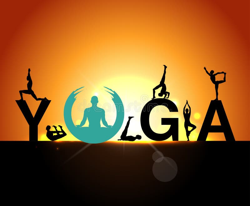Le siluette nell'yoga posa un fondo di primo mattino, il giorno di yoga del mondo, i modelli di progettazione per il centro della royalty illustrazione gratis Le siluette nell'yoga posa un fondo di primo mattino, il giorno di yoga del mondo, i modelli di progettazione per il centro della royalty illustrazione gratis