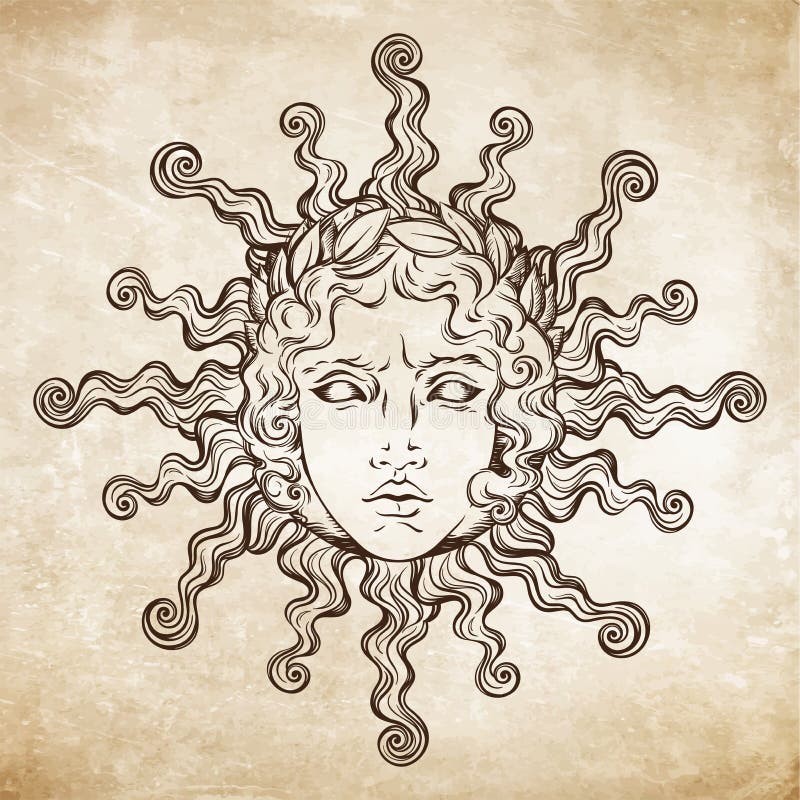 Le soleil antique tiré par la main de style avec le visage du dieu grec et romain Apollo Tatouage ou illustration instantané de v illustration de vecteur Le soleil antique tiré par la main de style avec le visage du dieu grec et romain Apollo Tatouage ou illustration instantané de v illustration de vecteur