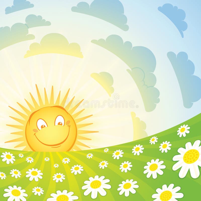 Smiling sun looking at the field of chamomile. Smiling sun looking at the field of chamomile