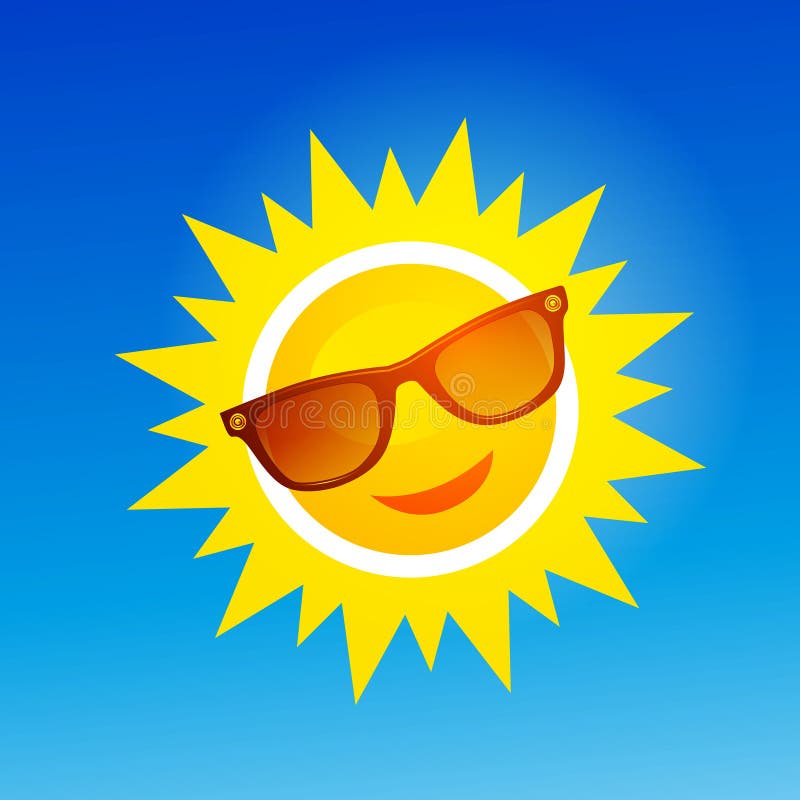 Le soleil gai et souriant de bande dessinée dans des lunettes de soleil sur le fond bleu illustration libre de droits Le soleil gai et souriant de bande dessinée dans des lunettes de soleil sur le fond bleu illustration libre de droits