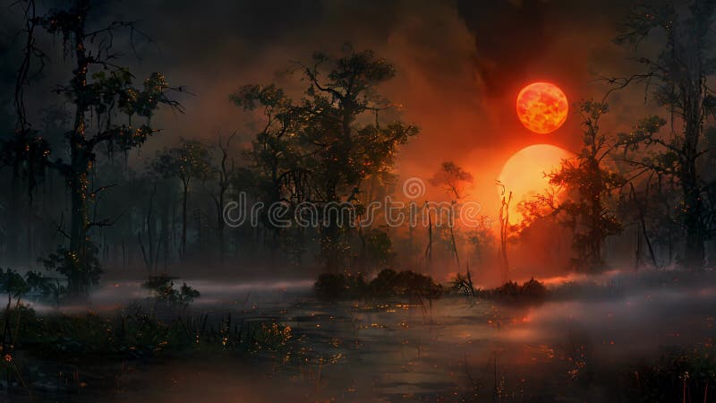 Le soleil se couche et la nuit tombe, le brouillard mystique enveloppe le marais créant une atmosphère étrange remplie de douceur illustration de vecteur