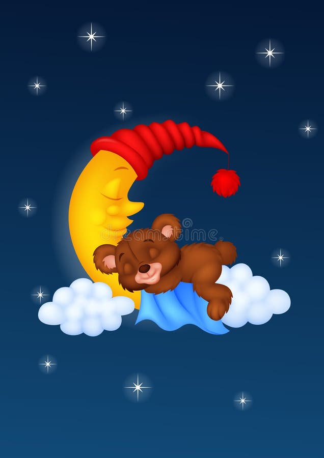 Le sommeil de bande dessinée d'ours de nounours sur la lune illustration libre de droits Le sommeil de bande dessinée d'ours de nounours sur la lune illustration libre de droits