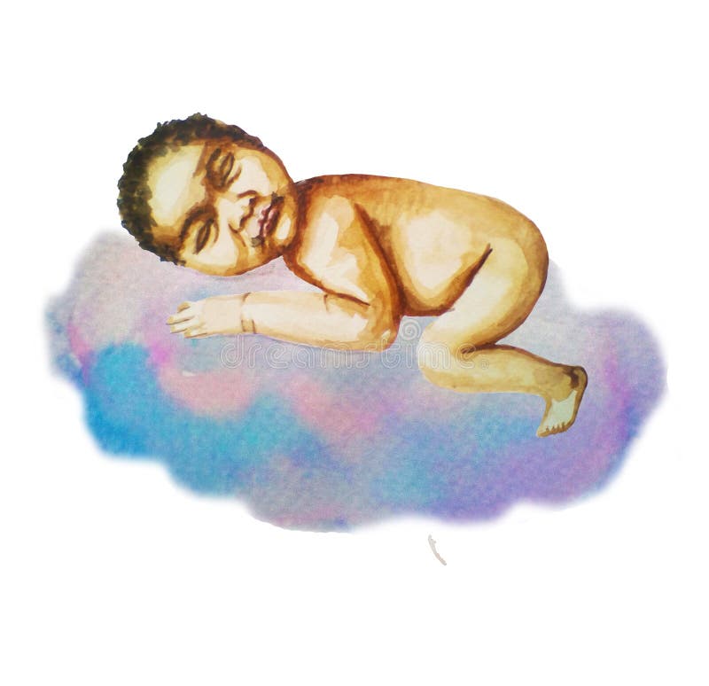 Le sommeil nouveau-né de bébé noir sur un nuage, illustration d'aquarelle a isolé illustration de vecteur Le sommeil nouveau-né de bébé noir sur un nuage, illustration d'aquarelle a isolé illustration de vecteur