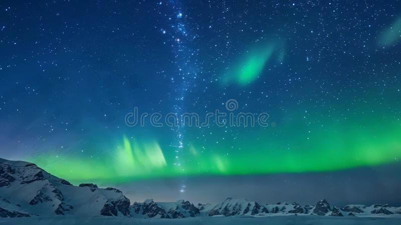 Le sommet de la montagne balayé par le vent révèle de superbes aurores dansant dans le paysage enneigé à l'aube illustration libre de droits