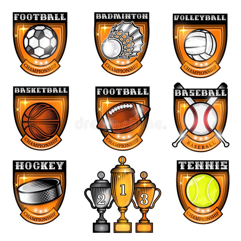 Le sport a placé la boule d'équipements, le volant, galet au centre du bouclier avec le nom du jeu Logo de sport d'isolement sur illustration stock Le sport a placé la boule d'équipements, le volant, galet au centre du bouclier avec le nom du jeu Logo de sport d'isolement sur illustration stock
