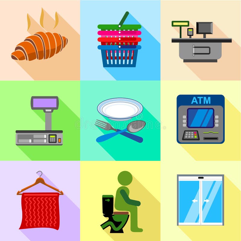 Le supermarché marque des icônes style réglé et plat illustration stock Le supermarché marque des icônes style réglé et plat illustration stock