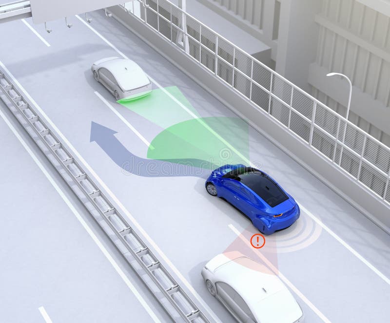 Le système d'aide de vue de côté évitent l'accident de voiture en changeant la ruelle illustration stock Le système d'aide de vue de côté évitent l'accident de voiture en changeant la ruelle illustration stock