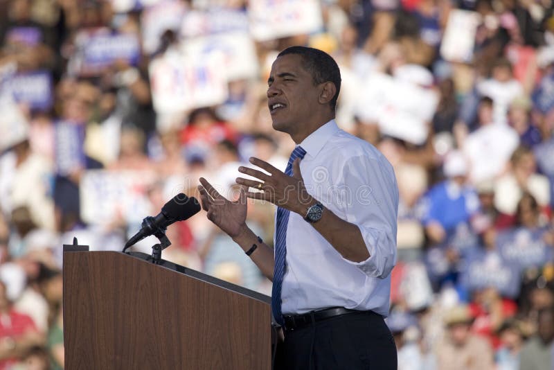 US Senator Barack Obama speaking from podium at Early Vote for Change Presidential rally, October 25, 2008 at Bonanza High School, Judy K. Cameron Stadium in Las Vegas, NV. US Senator Barack Obama speaking from podium at Early Vote for Change Presidential rally, October 25, 2008 at Bonanza High School, Judy K. Cameron Stadium in Las Vegas, NV