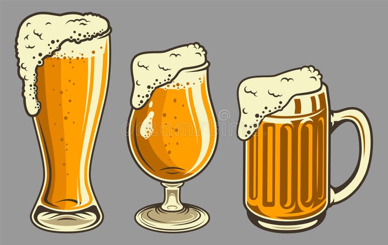 Le tazze di birra con schiuma hanno messo nello stile d'annata illustrazione di stock Le tazze di birra con schiuma hanno messo nello stile d'annata illustrazione di stock