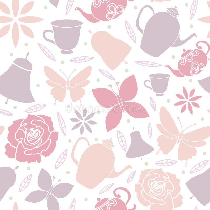 Le teiere bianche dei fiori di farfalla balzano modello senza cuciture di Tea Party del giardino illustrazione di stock Le teiere bianche dei fiori di farfalla balzano modello senza cuciture di Tea Party del giardino illustrazione di stock