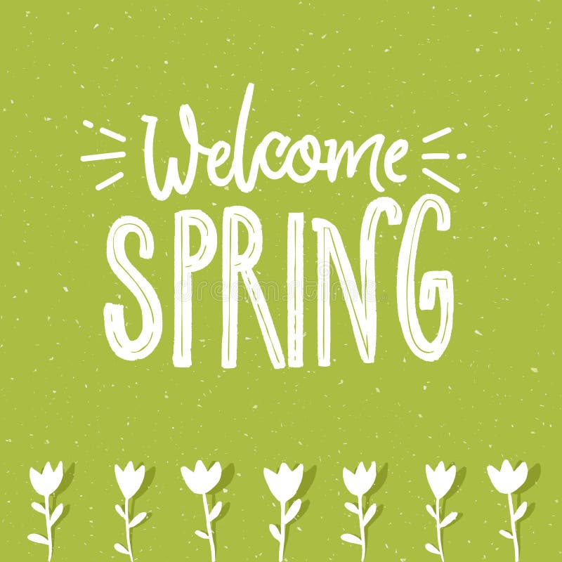 Le texte bienvenu de ressort sur le fond texturisé vert et la tulipe tirée par la main fleurit illustration d'hybride de type d'é illustration stock Le texte bienvenu de ressort sur le fond texturisé vert et la tulipe tirée par la main fleurit illustration d'hybride de type d'é illustration stock