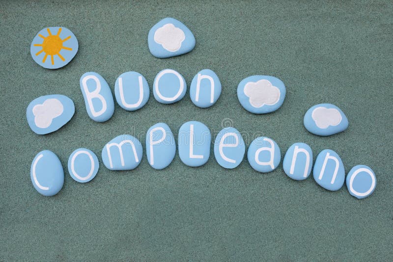 Le texte italien de joyeux anniversaire de compleanno de buon composé avec le bleu coloré des lettres de pierre illustration stock
