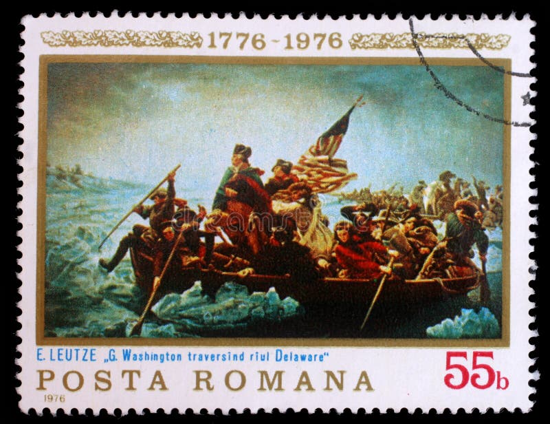 A stamp printed in the Romania shows Washington Crossing the Delaware, Painting by Emanuel Leutze, American Bicentennial, circa 1976. A stamp printed in the Romania shows Washington Crossing the Delaware, Painting by Emanuel Leutze, American Bicentennial, circa 1976