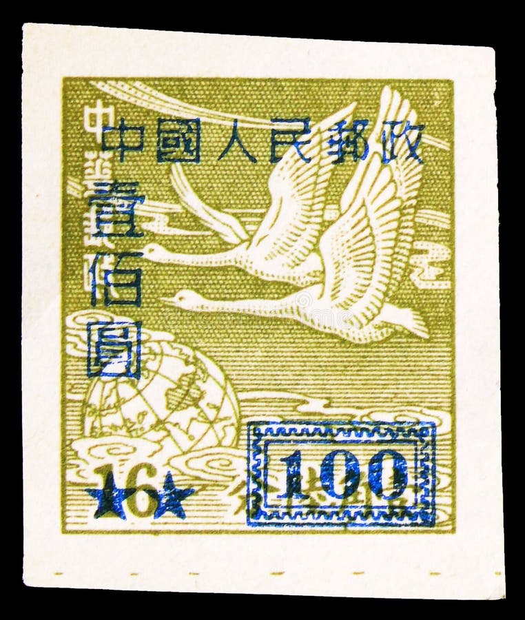 MOSCOW, RUSSIA - OCTOBER 1, 2019: Postage stamp printed in China shows Tundra Swans over Globe, Swan Geese Anser cygnoides, Definitive serie, circa 1950. MOSCOW, RUSSIA - OCTOBER 1, 2019: Postage stamp printed in China shows Tundra Swans over Globe, Swan Geese Anser cygnoides, Definitive serie, circa 1950