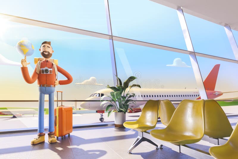 Le touriste de personnage de dessin animé maintient le monde entier sur la paume dans l'aéroport illustration 3D Concept de voyag illustration de vecteur Le touriste de personnage de dessin animé maintient le monde entier sur la paume dans l'aéroport illustration 3D Concept de voyag illustration de vecteur