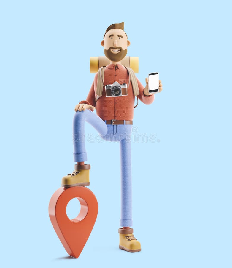 Le touriste de personnage de dessin animé se tient avec un grands indicateur et téléphone de carte dans des ses mains illustratio illustration libre de droits Le touriste de personnage de dessin animé se tient avec un grands indicateur et téléphone de carte dans des ses mains illustratio illustration libre de droits