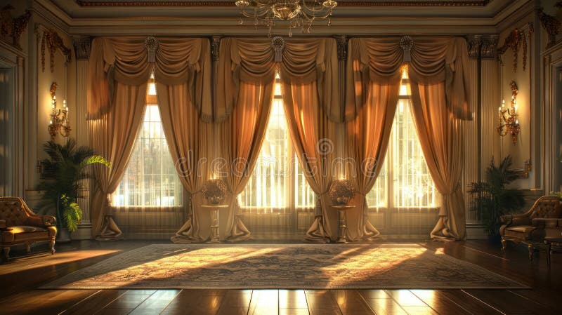 Le travi solari illuminano un grande salotto con eleganti decorazioni e pavimenti di legno duro illustrazione vettoriale