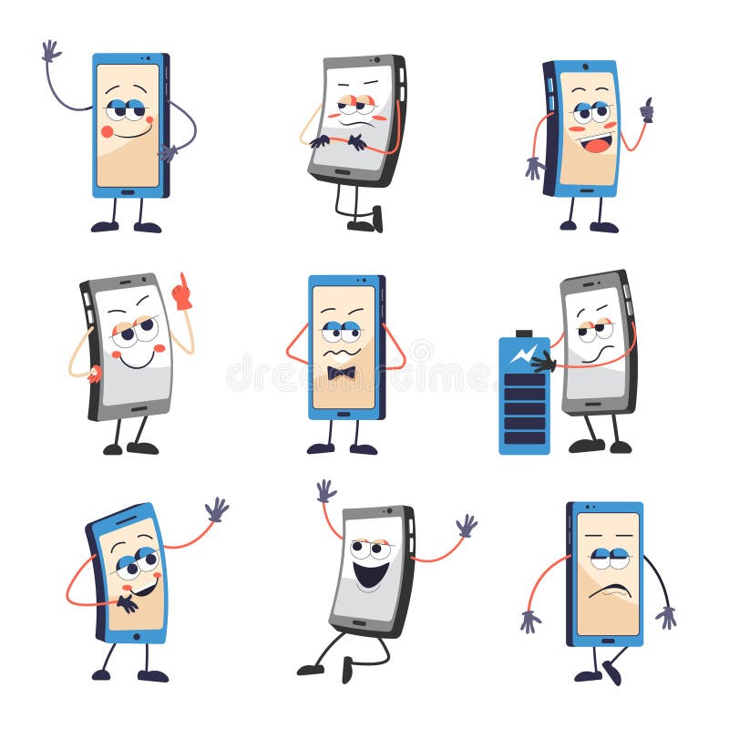 Le téléphone portable ou le smartphone avec le visage et les émotions ont isolé des icônes illustration stock Le téléphone portable ou le smartphone avec le visage et les émotions ont isolé des icônes illustration stock