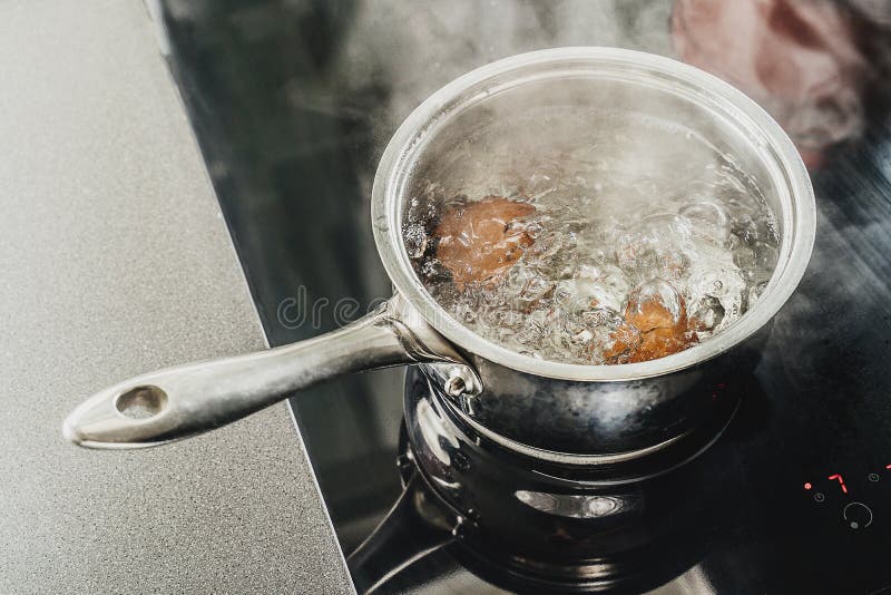 Hen eggs are cooked in metal pot on electric stove in kitchen. Hen eggs are cooked in metal pot on electric stove in kitchen