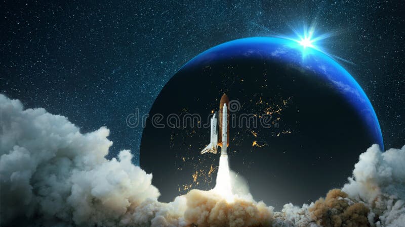 Spacecraft takes off into space. Starry sky and planet Earth with sunset. Space mission. Travels. Rocket flies to the stars. Spacecraft takes off into space. Starry sky and planet Earth with sunset. Space mission. Travels. Rocket flies to the stars