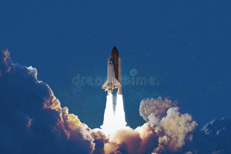 Spaceship takes off in the starry sky on a classic blue background. Trend color concept. Rocket at launch. Spaceship takes off in the starry sky on a classic blue background. Trend color concept. Rocket at launch