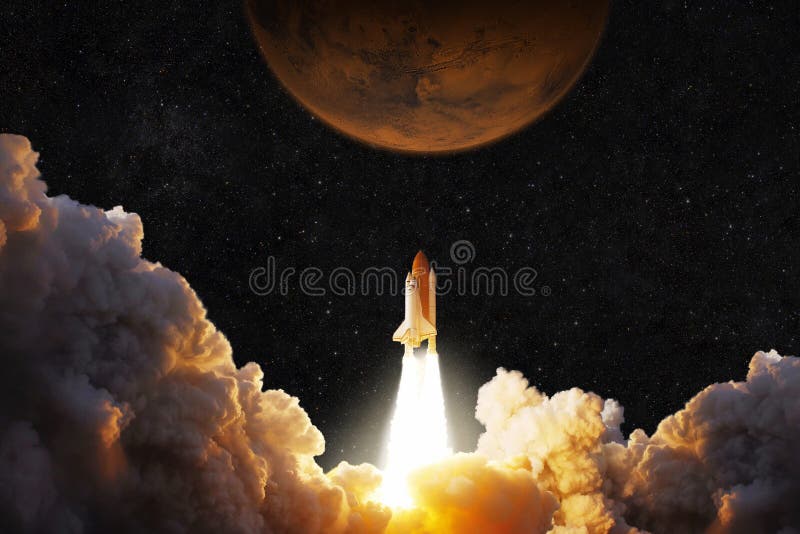 Spacecraft takes off into space. Rocket flies to Mars. Red planet Mars in space. Spacecraft takes off into space. Rocket flies to Mars. Red planet Mars in space
