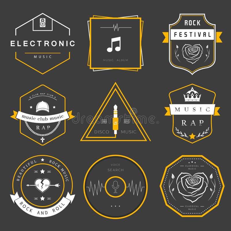 Le vecteur Badges la musique de roche, de coup sec et dur, classique et de disco illustration stock Le vecteur Badges la musique de roche, de coup sec et dur, classique et de disco illustration stock