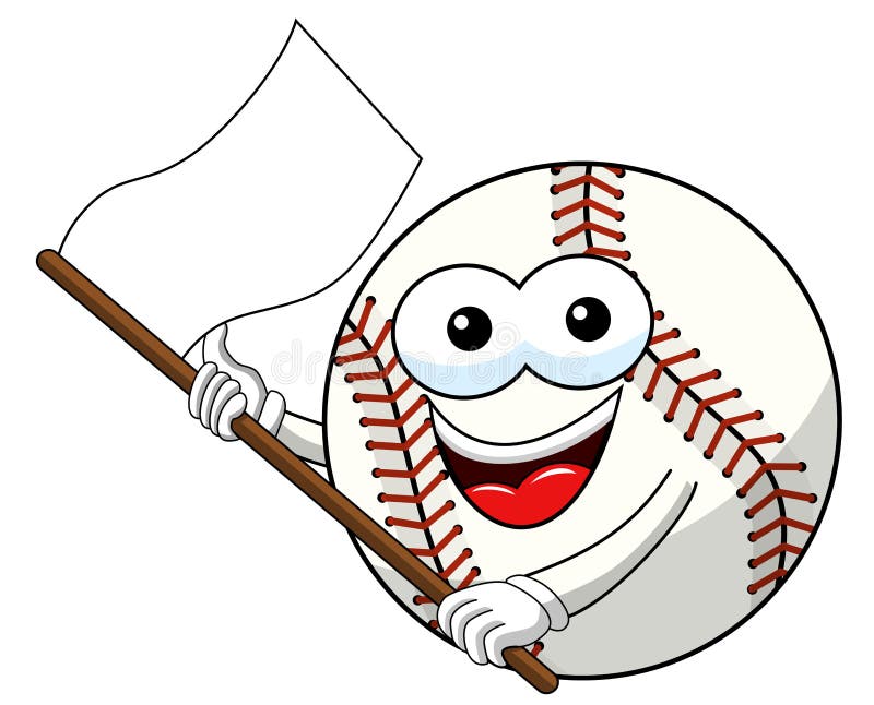 Le vecteur de ondulation de drapeau blanc de bande dessinée de mascotte de caractère de boule de base-ball a isolé illustration stock Le vecteur de ondulation de drapeau blanc de bande dessinée de mascotte de caractère de boule de base-ball a isolé illustration stock