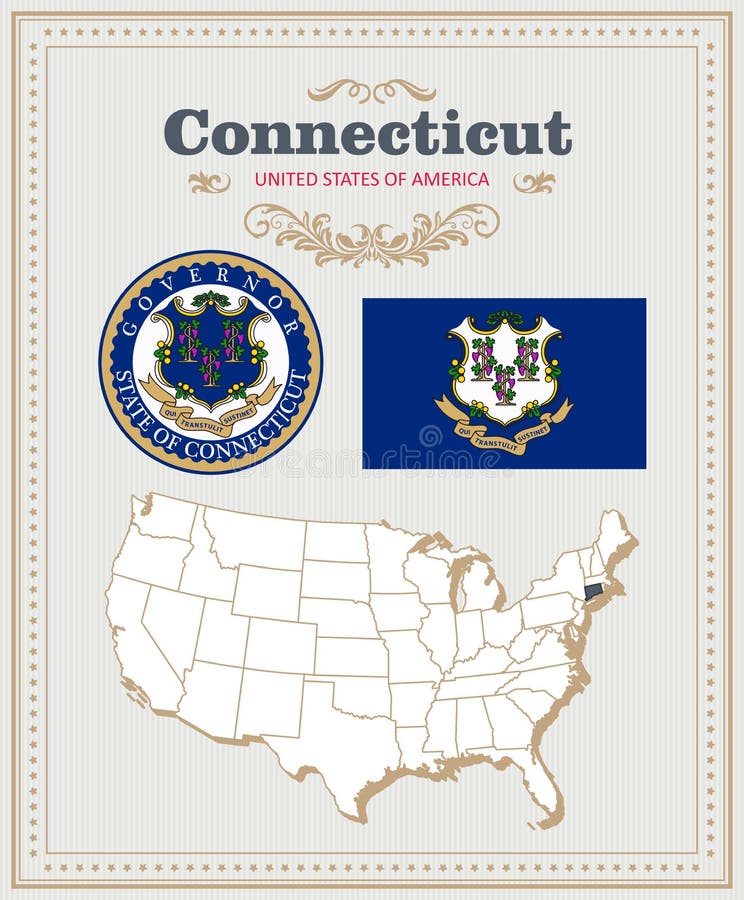 Le vecteur détaillé élevé a placé avec le drapeau, manteau des bras le Connecticut Affiche américaine Carte de voeux illustration de vecteur Le vecteur détaillé élevé a placé avec le drapeau, manteau des bras le Connecticut Affiche américaine Carte de voeux illustration de vecteur