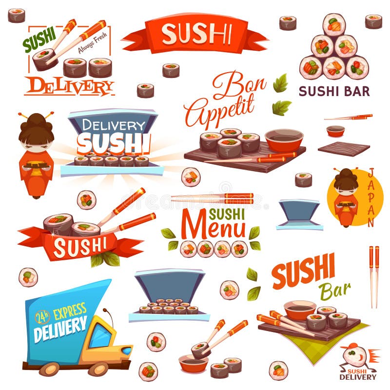Le vecteur a placé avec des bannières de sushi, icônes, logo illustration stock Le vecteur a placé avec des bannières de sushi, icônes, logo illustration stock