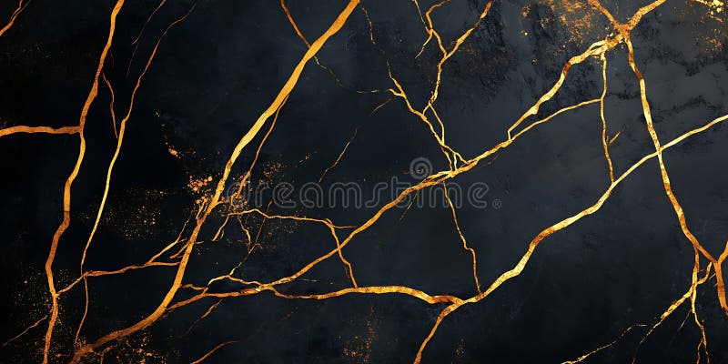 Le vene d'oro si incrinano su una superficie scura rivelando la luce nascosta e l'antico potere terrestre illustrazione di stock