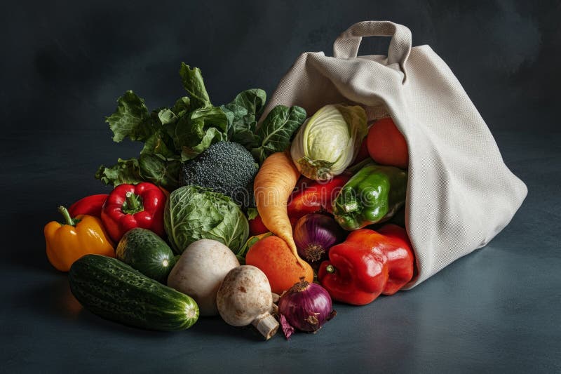 Le verdure fresche fuoriescono da una borsa commerciale riutilizzabile che presenta uno stile di vita ecofrinamente ecologico. Il immagine stock libera da diritti
