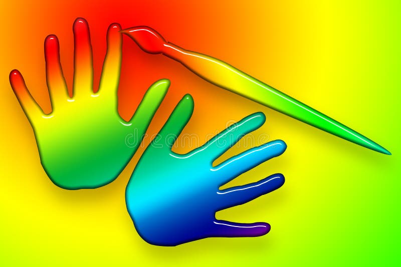 Brush coloring hands, bright funny illustration over colorful background. Brush coloring hands, bright funny illustration over colorful background