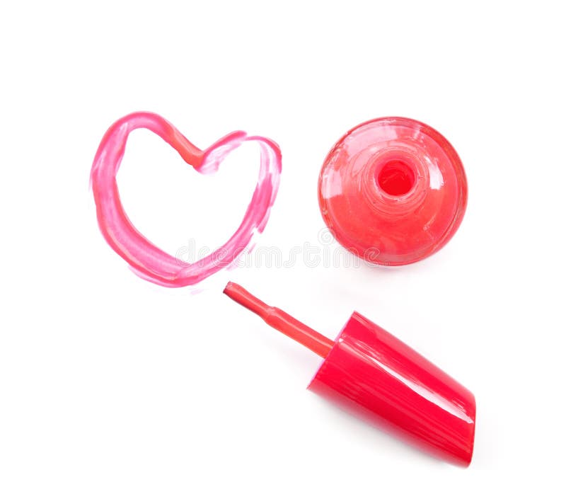 Le vernis à ongles et la brosse roses dessinent la forme de coeur sur le fond blanc image libre de droits Le vernis à ongles et la brosse roses dessinent la forme de coeur sur le fond blanc image libre de droits