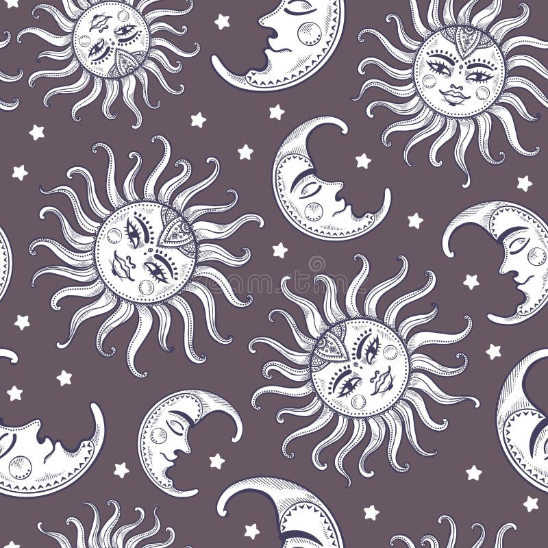Le vintage de Mandala Sun et de lune dirigent le modèle sans couture avec des étoiles illustration de vecteur Le vintage de Mandala Sun et de lune dirigent le modèle sans couture avec des étoiles illustration de vecteur