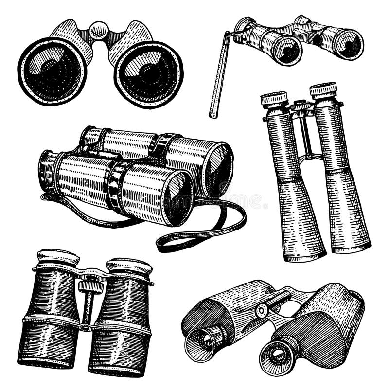 Le vintage monoculaire binoculaire, gravé tiré par la main dans le croquis ou bois a coupé le style, vieil rétro instrument sembl illustration stock Le vintage monoculaire binoculaire, gravé tiré par la main dans le croquis ou bois a coupé le style, vieil rétro instrument sembl illustration stock
