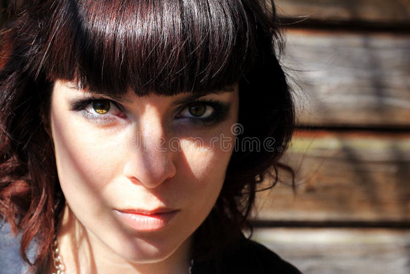 Le visage d'une jolie brune dans la lumière et l'ombre image stock Le visage d'une jolie brune dans la lumière et l'ombre image stock