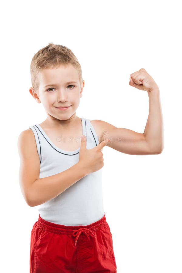 Le visning för sportbarnpojke räcka bicepsmuskelstyrka arkivbilder Le visning för sportbarnpojke räcka bicepsmuskelstyrka arkivbilder