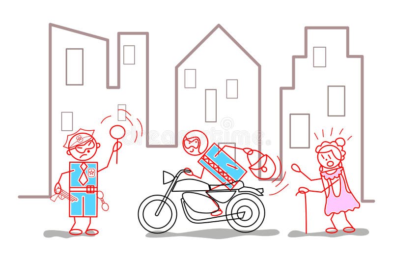 Le voleur vole un sac à une vieille femme et s'enfuit sur une moto; la police l'arrête - illustration du concept de dessin animé illustration libre de droits Le voleur vole un sac à une vieille femme et s'enfuit sur une moto; la police l'arrête - illustration du concept de dessin animé illustration libre de droits