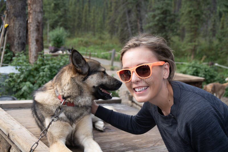 Le voyageur féminin choie un chien de traîneau enroué d'Alaska en parc national de Denali photographie stock libre de droits
