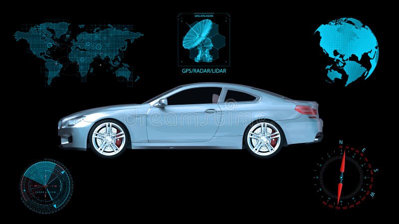 Le véhicule Driverless, voiture autonome de berline sur le fond noir avec des données infographic, la vue de côté, 3D rendent photo libre de droits Le véhicule Driverless, voiture autonome de berline sur le fond noir avec des données infographic, la vue de côté, 3D rendent photo libre de droits