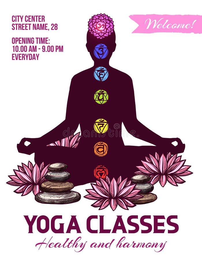 Le yoga classe, humain dans la pose de lotus, signes de chakras illustration stock Le yoga classe, humain dans la pose de lotus, signes de chakras illustration stock
