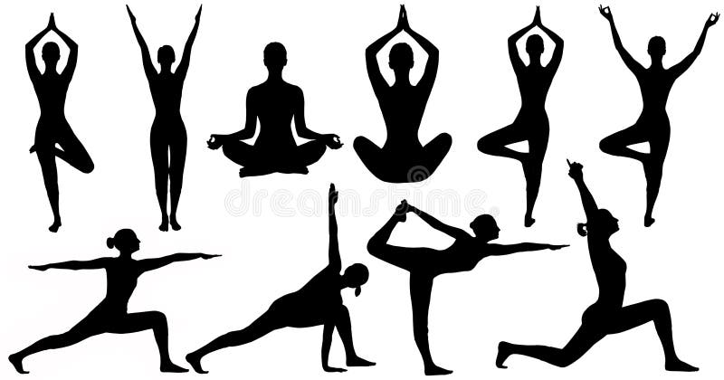 Le yoga pose la silhouette de femme d'isolement au-dessus du fond blanc illustration libre de droits