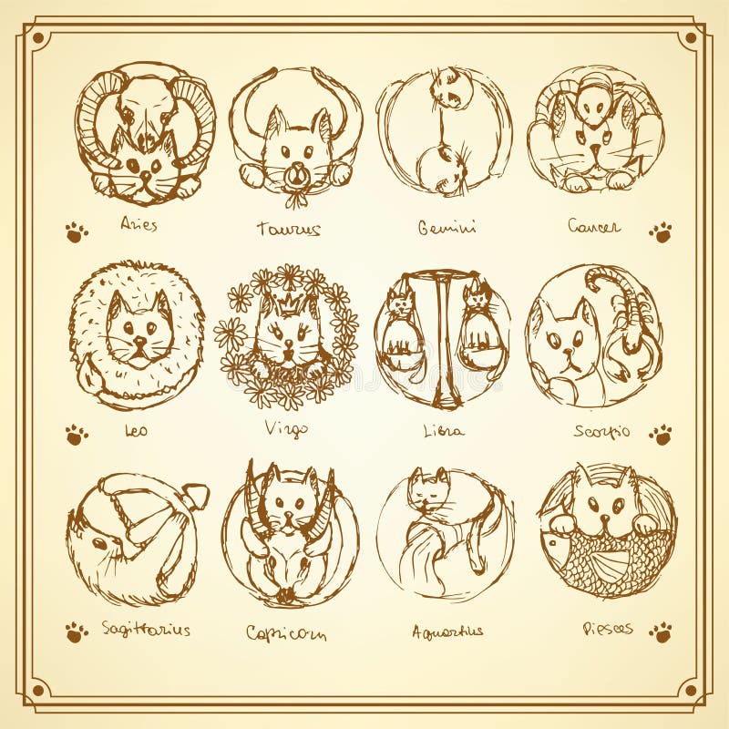 Le zodiaque de chats de croquis signe dedans le style de vintage illustration de vecteur Le zodiaque de chats de croquis signe dedans le style de vintage illustration de vecteur