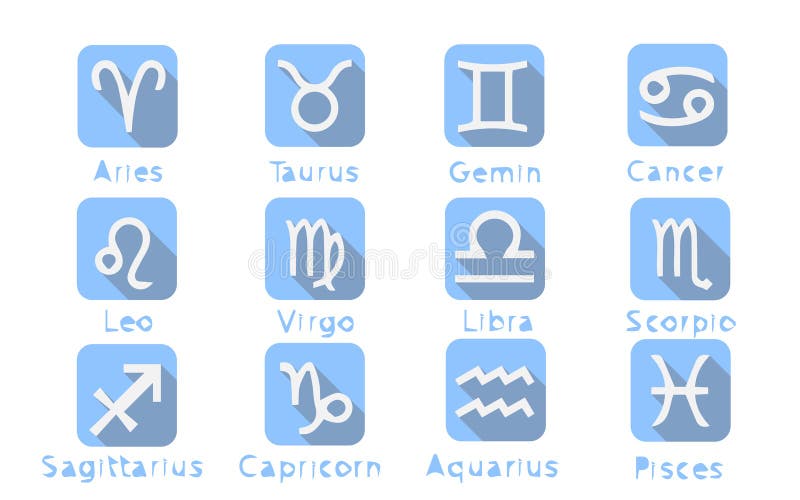 Zodiac signs in flat style. Set of blue square icons. Zodiac signs in flat style. Set of blue square icons