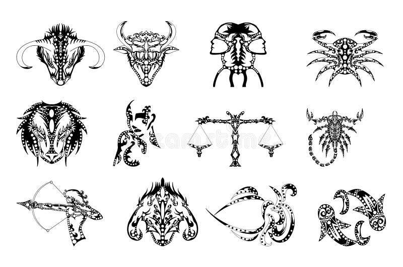 Image representing the twelve signs of the Western zodiac in a tribal tattoo version. This illustration can be used in all projects involving the cosmos, the zodiac and the zodiac signs as a tattoo, logo or decoration. Image representing the twelve signs of the Western zodiac in a tribal tattoo version. This illustration can be used in all projects involving the cosmos, the zodiac and the zodiac signs as a tattoo, logo or decoration.